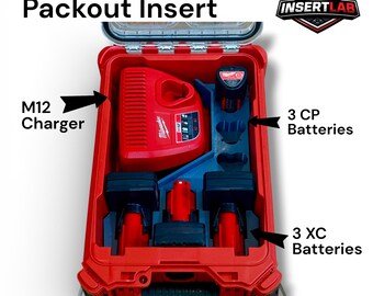 May include: Red M12 Charger Packout Insert with a clear lid, holding a red M12 charger, three CP batteries, and three XC batteries. The text "M12 Charger Packout Insert" is at the top. The InsertLab logo is in the top right corner.