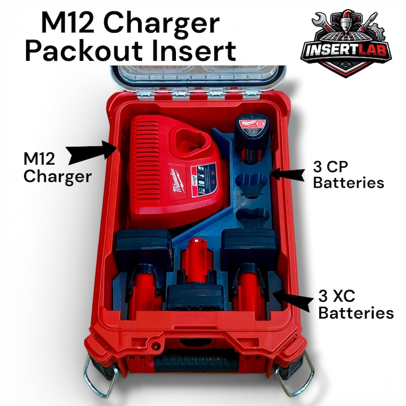 May include: Red M12 Charger Packout Insert with a clear lid, holding a red M12 charger, three CP batteries, and three XC batteries. The text "M12 Charger Packout Insert" is at the top. The InsertLab logo is in the top right corner.