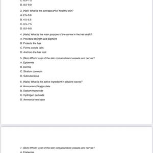 May include: A printed page from a cosmetology written practice exam with 110 multiple-choice questions. The exam covers topics like hair color, skin pH, hair structure, and skin layers. The text is black on a white background.