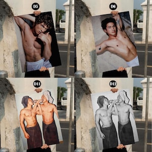 May include: Four prints featuring male figures. Two prints show shirtless men in white underwear. The other two prints show two men, one with a towel on their head, drinking from a bottle, and the other in black and white.