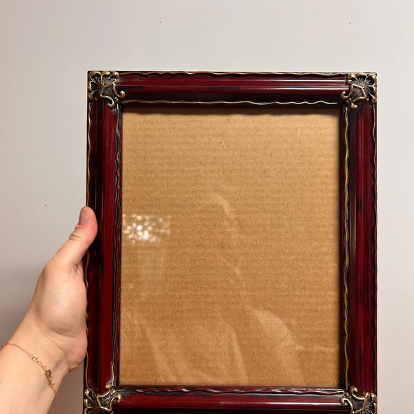 Vintage Burgundy Wood Picture Frame, Gold Filigree Corners, Victorian Dark Cherry Photo Frame