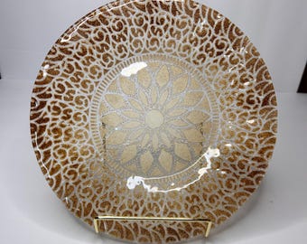 Vintage Sydenstriker plaat van gesmolten glas - amber en wit kantpatroon - 8,25"