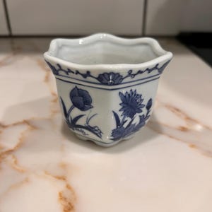 Könnte beinhalten: Kleiner, weißer Keramik-Pflanztopf mit gewelltem Rand und sechseckiger Form. Der Pflanztopf ist mit blauen Blumenmustern und einem blauen Rand verziert. Geeignet für kleine Pflanzen oder Sukkulenten.