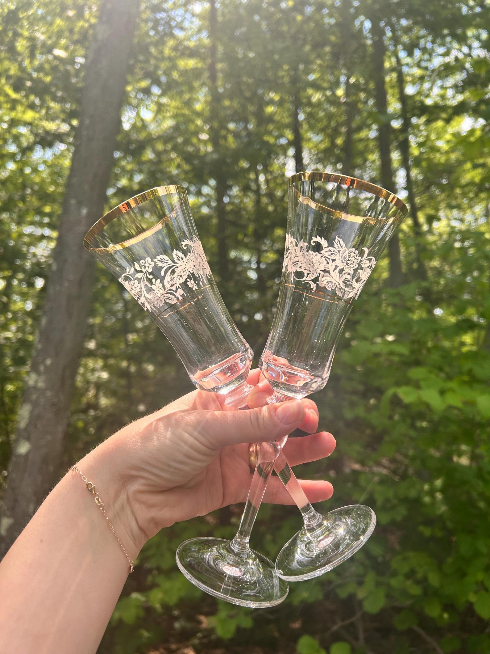 Set of 2 Vintage Mikasa Antique Lace Crystal Champagne Flutes - Gold Rim & Etched Floral