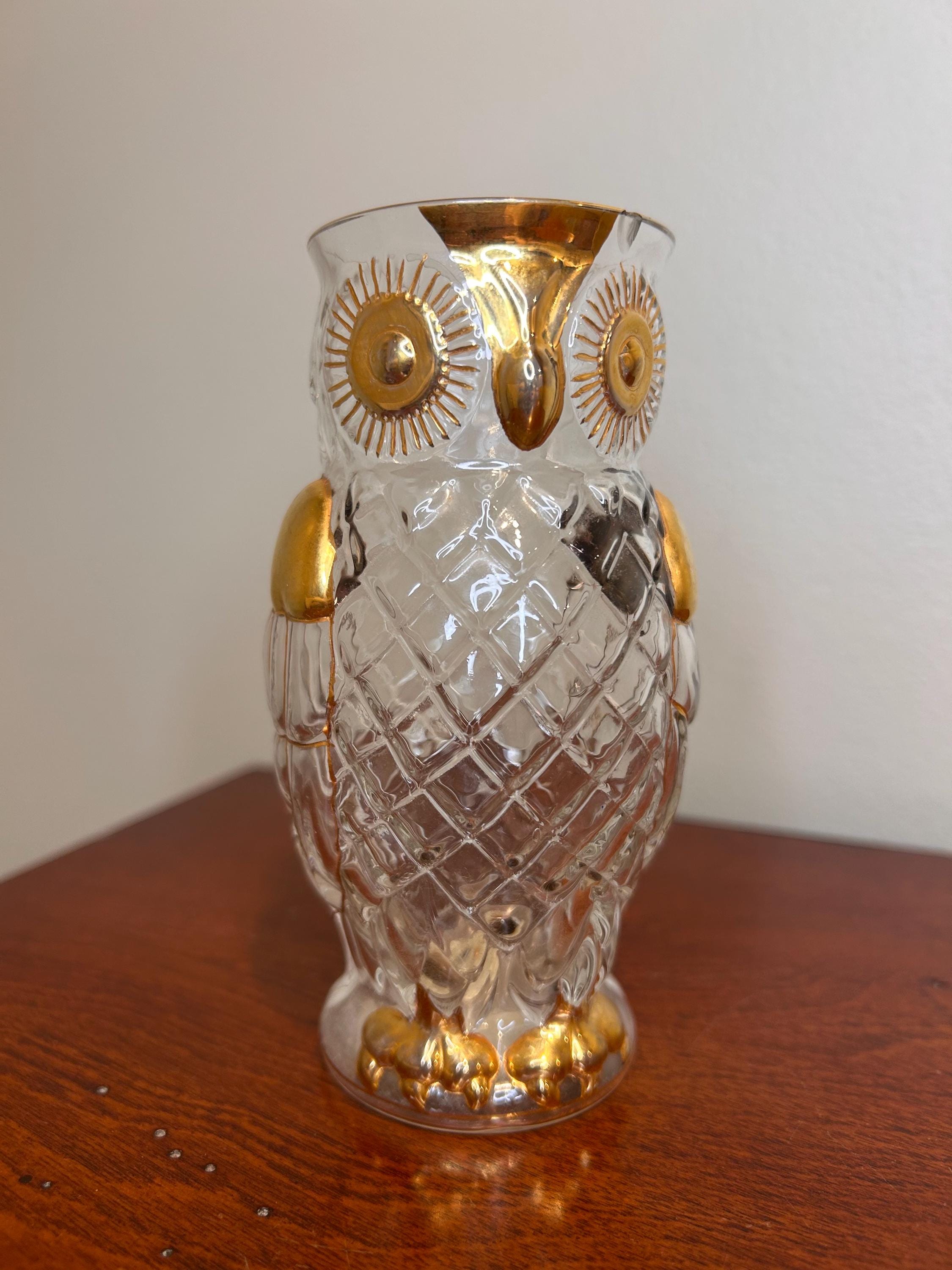 Vintage Famosa LPW Austrian Crystal Owl Pitcher Vase | Mid Century Gold Trim Figural Owl Decor Neima