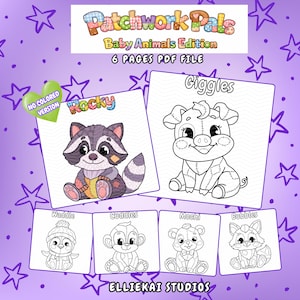 Op de afbeelding: Een digitale download met zes kleurplaten van babydieren. De afbeelding toont een wasbeer genaamd Rocky, een varken genaamd Giggles, een pinguïn genaamd Waddle, een aap genaamd Cuddles, een beer genaamd Mochi en een vos genaamd Bubbles. De tekst luidt "Patchwork Pals Baby Animals Edition 6 Pages PDF File."