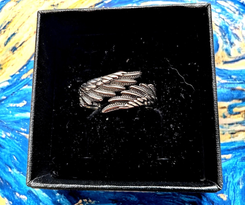 May include: A silver-colored ring shaped like angel wings, displayed in a black box. The ring features detailed feather textures and is presented against a backdrop of blue and yellow brushstrokes. The ring is a jewelry item.