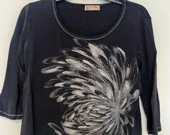 Y2K Top 90s Grunge Embellished 3/4 Sleeve - Floral Black - Size M
