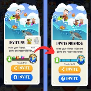 Op de afbeelding: Mobiele game-interface met de tekst "INVITE FRIENDS". De afbeelding toont cartoonfiguren op een waterachtergrond, een schildpad en geschenkdozen. De interface bevat een uitnodigingsknop en een voortgangsbalk.