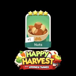Op de afbeelding: Een digitale spelkaart met een kom gemengde noten, vier gele sterren erboven en de tekst +1 Nuts. Onder de kaart staat een kleurrijk logo met de tekst Happy Harvest with Looney Tunes, met een wortel, sla en een rode kruiwagen.