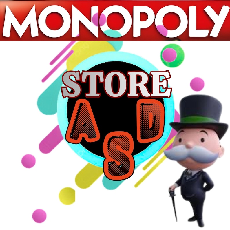 以下が含まれることがあります： 赤いバナーに白い文字でMONOPOLYと書かれたグラフィック。その下には水色の縁取りがある黒い円があり、オレンジ色でSTORE A Sと書かれています。右側には、黒いシルクハットとスーツを身につけ、杖を持った漫画のキャラクターが描かれています。