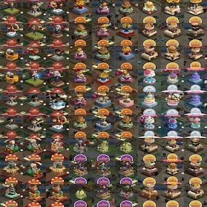 Puede incluir: Una colecci&oacute;n de peque&ntilde;as figuras con base cuadrada que representan diversos personajes y alimentos, cada una expuesta sobre una plataforma con una etiqueta circular encima. La cuadr&iacute;cula incluye escenas variadas con objetos en miniatura coloridos.