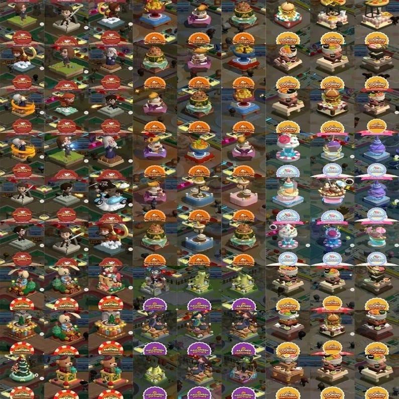 Puede incluir: Una colecci&oacute;n de peque&ntilde;as figuras con base cuadrada que representan diversos personajes y alimentos, cada una expuesta sobre una plataforma con una etiqueta circular encima. La cuadr&iacute;cula incluye escenas variadas con objetos en miniatura coloridos.