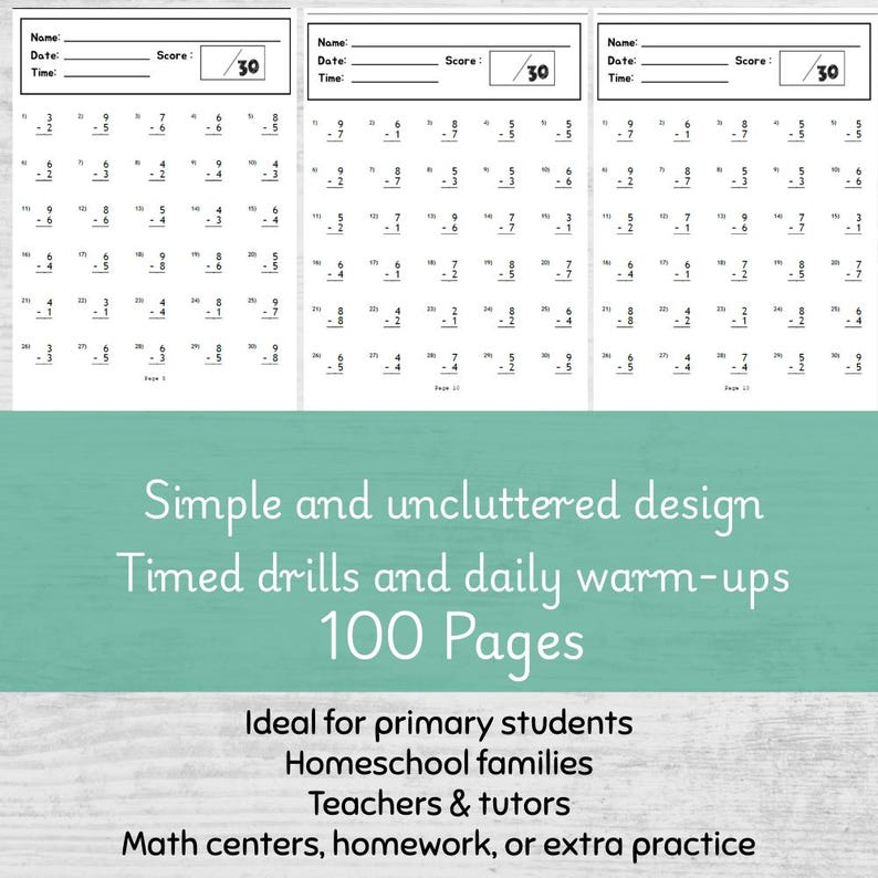 Subtraction Drill Worksheet | Single Digit Math Practice (PDF Printable ...