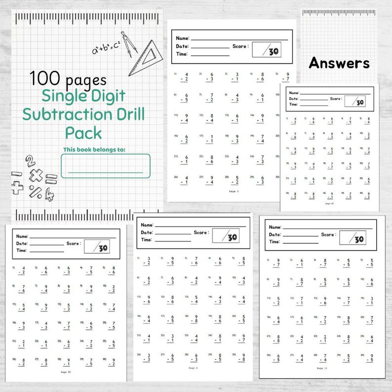 Subtraction Drill Worksheet | Single Digit Math Practice (PDF Printable ...