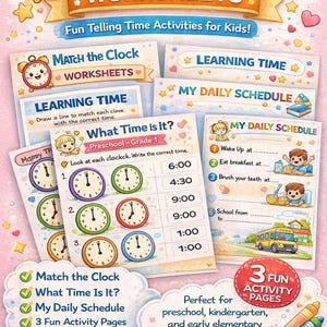 Könnte beinhalten: Lehrreiche Arbeitsblätter für Kinder im Alter von 4-7 Jahren, die sich mit dem Thema Uhrzeit beschäftigen. Enthält Seiten wie "Uhr zuordnen", "Wie spät ist es?" und "Mein Tagesablauf". Die Arbeitsblätter sind druckfreundlich und für Vorschulkinder und Grundschüler geeignet.