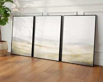 Neutral Wall Art, Abstract Print, Set of 3, Vintage Boho Poster, Rustic Minimal Landscape Watercolor Home Decor, Oil Painting