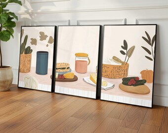Kitchen Wall Art, Coffee Poster, Croissant Print, Cappuccino Art, Breakfast Decor, Minimal Art, Scandi Scandinavian Art, Set of 3