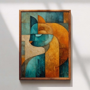 Peut inclure: Une œuvre d'art murale rectangulaire encadrée représentant une illustration abstraite de chat. L'œuvre utilise une palette de tons bleu sarcelle profond, orange doré et beige, avec une finition texturée, dans un cadre en bois foncé.