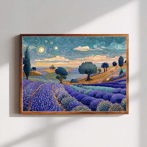May include: A rectangular wall art print featuring a landscape with rolling hills and vibrant purple lavender fields in the foreground. The scene includes stylized trees, a swirling blue and gold sky with a bright sun, and soft peach-colored clouds.