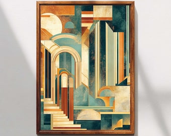 Puede incluir: Una impresión de arte mural rectangular enmarcada que presenta una composición arquitectónica abstracta con formas geométricas, arcos y escaleras en una paleta de azul verdoso profundo, naranja quemado, crema y bronceado, dentro de un marco de madera marrón oscuro.