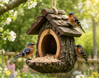 Vintage Tree Stump Hanging Bird Feeder – Faux Bark Wooden Outdoor Garden Birdhouse, Birdwatching Decor