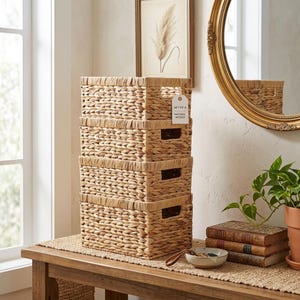 May include: A stack of four woven wicker storage bins with lids and rectangular handles. The bins are a natural tan color and are labeled "Set of 4 Natural Wicker". The bins are on a wooden table with a woven runner.