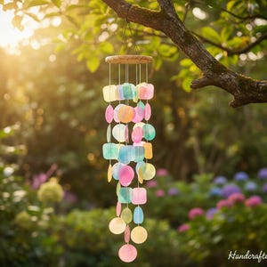 May include: A colorful wind chime hangs from a tree branch, featuring a wooden top and strings of pastel-colored, irregularly shaped pieces. The background is a blurred garden scene with sunlight.