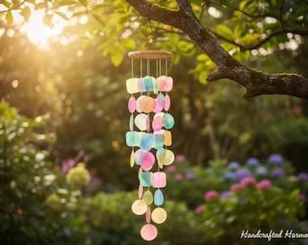 Colorful Capiz Shell Wind Chime, Coastal Beach Decor, Rainbow Garden Hanging Melody