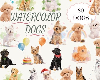 80 Watercolor Dog PNG Bundle, Cute Coquette Pet Clipart Set, Holiday Themed Puppy Designs, Birthday Valentine St Patricks, Printable Sticker