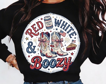 Red White & Boozy PNG | 4th of July Cowgirl Shirt Design | Patriotic Western Boots Sublimation PNG | Coquette America Graphic Tee Design