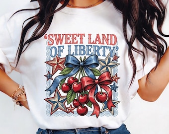 Sweet Land of Liberty PNG | Coquette Patriotic Shirt Design | Cherry Bow Americana Graphic | Vintage 4th of July Sublimation