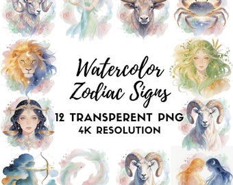 Watercolor Astrology Zodiac PNG Clipart Bundle, Watercolor Horoscope Graphics, Scrapbook Paper Craft Designs, Digital Download,Astrology PNG