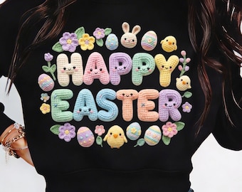 Happy Easter Latch Yarn PNG, Colorful Faux Bunny Typography, Cute Chick Eggs Flowers, Pastel Spring Easter, Amigurumi PNG, Digital Download