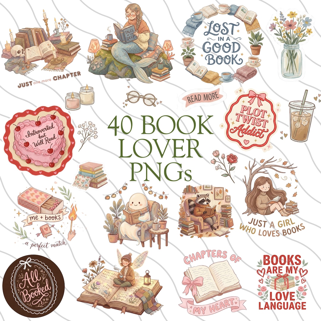 40 Book Lover Clipart PNG Bundle, Cozy Reading Bookish Sticker PNG ...