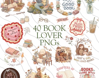 40 Book Lover Clipart PNG Bundle, Cozy Reading Bookish Sticker PNG, Reading Aesthetic PNG Pack, Bookworm Digital Download, Book Lover Gift