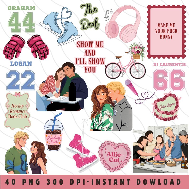 May include: A digital clipart collection with a hockey romance theme. Includes illustrations of a hockey jersey, ice skates, a candle, a karaoke ticket, a microphone, and a cocktail. The text "Hockey Romance Clipart Collection" is also present.A complete collection of 50 unique hockey romance png vinyl stickers and illustrations  Briar University  and  on a .40 pcs Off Campus BookTok Sticker PNG Pack, Ice Hockey Romance Clipart Digital Dowload Set, Briar U The Deal Garrett Graham Bookworm Gift