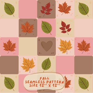 Peut inclure: Un motif répétitif composé d'une grille de carrés dans des tons rose, beige et marron, orné de diverses feuilles d'automne et d'un cœur. Le texte FALL SEAMLESS PATTERN SIZE 12" X 12" est imprimé en orange sur un rectangle beige arrondi.