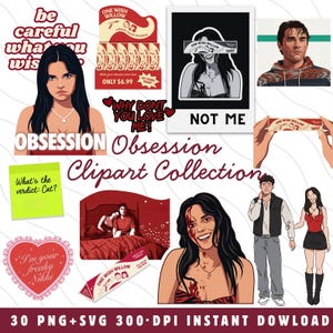 May include: A digital clipart collection featuring various illustrations including characters with dark hair, red and white themed packaging labeled One Wish Willow, a heart-shaped graphic with text, a yellow sticky note, and scenes with red accents.