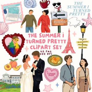 Puede incluir: Un conjunto de imágenes digitales inspirado en The Summer I Turned Pretty, que incluye personajes, una casa de playa, una computadora portátil, una taza roja, un oso polar, un letrero de melocotones, una torre Eiffel rosa y alimentos.