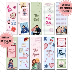 May include: A collection of ten rectangular bookmarks featuring various illustrations including hockey skates, hearts, musical notes, and romantic couples. Text includes titles like The Deal, The Goal, The Score, and phrases such as Make Me Your Puck Bunny.