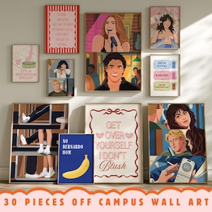 May include: A collection of wall art prints featuring various illustrated scenes, characters, and text-based designs. The prints include quotes like Get Over Yourself I Don't Blush, No Bernardo How, and Briar Hawks Karaoke Drunk Shakespeare.