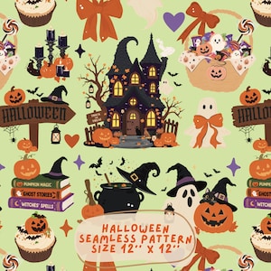 Op de afbeelding: Een naadloos patroon op een lichtgroene achtergrond met Halloween-motieven zoals een spookhuis, pompoenen, geesten, heksenhoeden, een ketel, cupcakes en manden. De tekst luidt: HALLOWEEN SEAMLESS PATTERN SIZE 12" X 12".