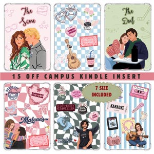Könnte beinhalten: Sechs rechteckige Kindle-Einleger mit Illustrationen von Paaren, Gitarren, Hockeyausrüstung und verschiedenen Aufklebern. Die Designs enthalten Texte wie The Score, The Deal, Malone's, 15 OFF CAMPUS KINDLE INSERT und 7 SIZE INCLUDED.
