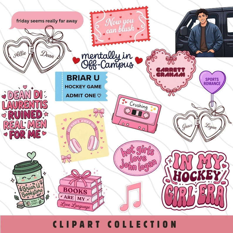 May include: A collection of pink and white clipart elements, including heart-shaped lockets, a cassette tape, headphones, and text bubbles with phrases like "Crushing" and "In My Hockey Girl Era." The image also features a coffee cup and a stack of books.