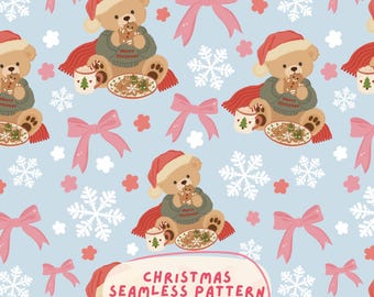 Może przedstawiać: Wzór bezszwowy na jasnoniebieskim tle przedstawiający pluszowe misie w czerwonych czapkach Mikołaja i zielonych swetrach z napisem Merry Christmas. Wzór zawiera różowe kokardy, białe płatki śniegu, czerwone kwiaty, kubki i ciasteczka. Tekst: CHRISTMAS SEAMLESS PATTERN SIZE 12" X 12".