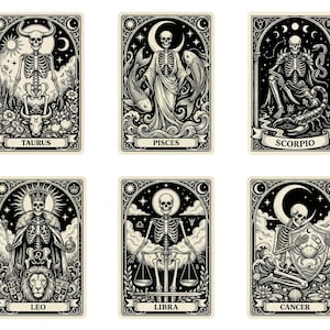 Könnte beinhalten: Sechs schwarz-weiße Tarotkarten mit Skelettfiguren, die Tierkreiszeichen darstellen. Jede Karte hat aufwendige Illustrationen mit himmlischen und botanischen Elementen. Die Zeichen sind Stier, Fische, Skorpion, Löwe, Waage und Krebs.