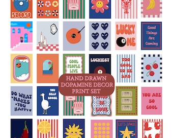Dopamine Decor Wall Collage Kit, Hand Drawn 30 pcs Eclectic Wall Art, Maximalist Room Decor, Retro Quote Prints, Eclectic Gallery Wall Art