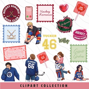 May include: A digital clipart collection with a hockey romance theme. Includes illustrations of a hockey jersey, ice skates, a candle, a karaoke ticket, a microphone, and a cocktail. The text "Hockey Romance Clipart Collection" is also present.A complete collection of 50 unique hockey romance png vinyl stickers and illustrations  Briar University  and  on a .40 pcs Off Campus BookTok Sticker PNG Pack, Ice Hockey Romance Clipart Digital Dowload Set, Briar U The Deal Garrett Graham Bookworm Gift