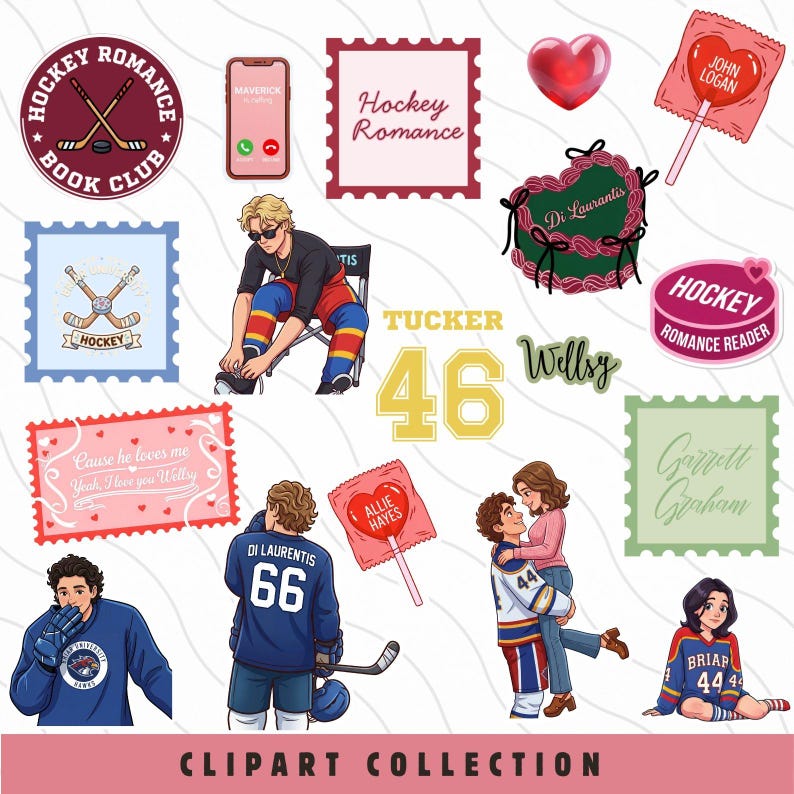 May include: A digital clipart collection with a hockey romance theme. Includes illustrations of a hockey jersey, ice skates, a candle, a karaoke ticket, a microphone, and a cocktail. The text "Hockey Romance Clipart Collection" is also present.A complete collection of 50 unique hockey romance png vinyl stickers and illustrations  Briar University  and  on a .40 pcs Off Campus BookTok Sticker PNG Pack, Ice Hockey Romance Clipart Digital Dowload Set, Briar U The Deal Garrett Graham Bookworm Gift